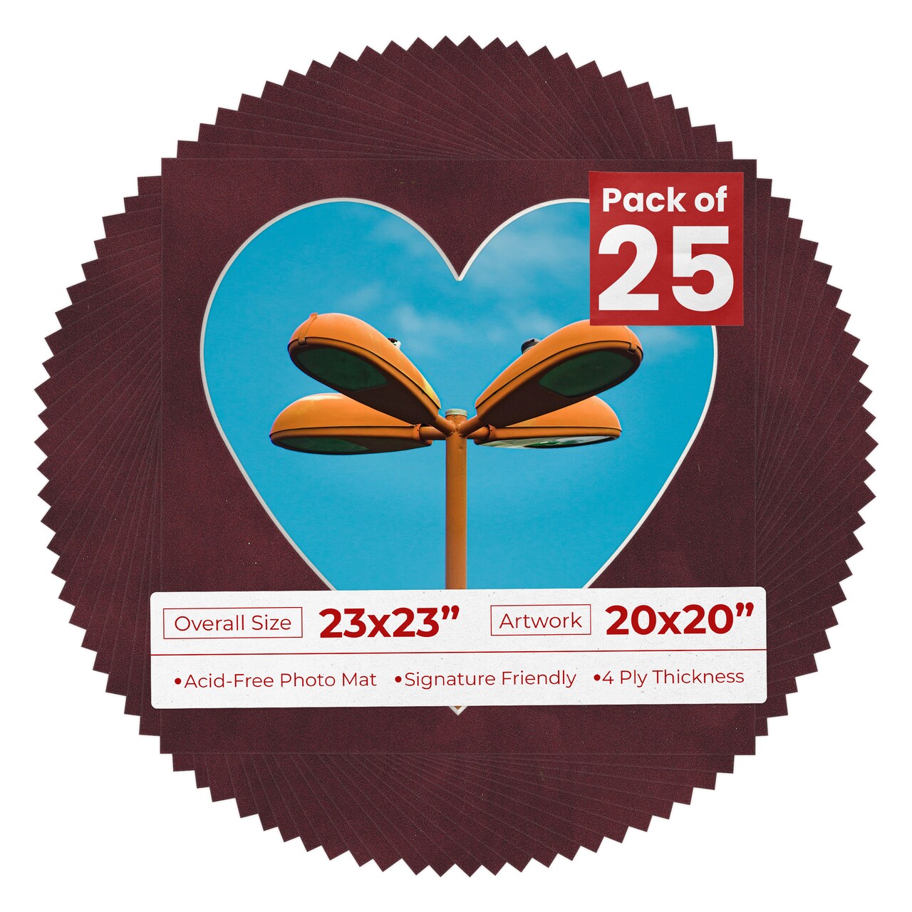 Dark Red Suede Mat Board for 23x23 Frames - Heart Opening for 20x20 Photos